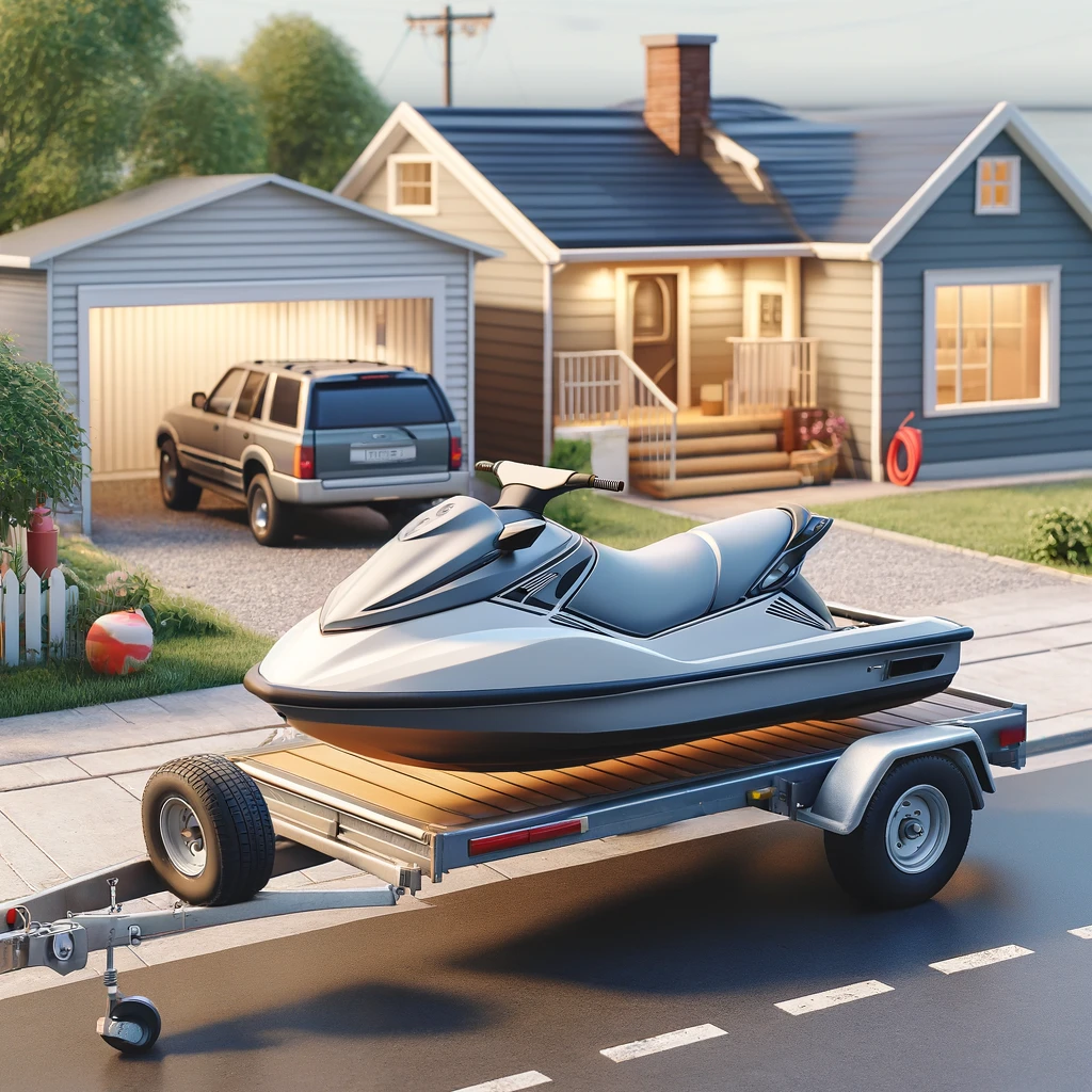 DALL·E 2024-04-25 08.53.24 - A realistic setting featuring a jet ski on a trailer, parked in a casual environment such as a driveway or near a garage. The jet ski should appear us