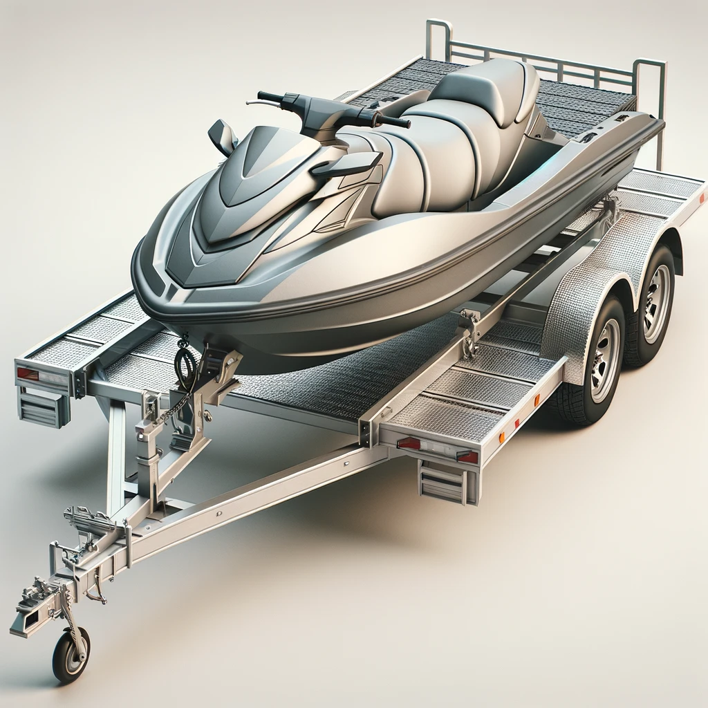 DALL·E 2024-04-25 08.54.13 - A detailed image of an empty trailer designed specifically for transporting a personal watercraft, such as a jet ski. The trailer is not attached to a